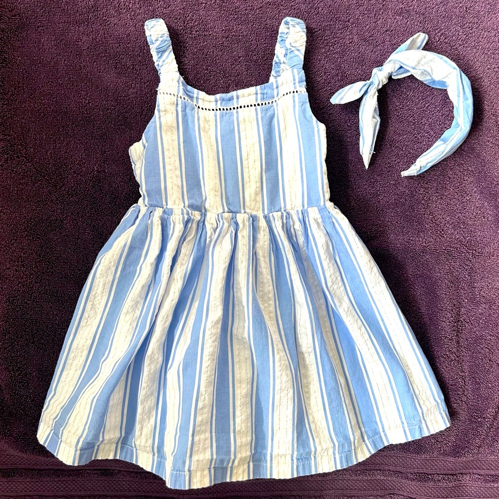 Tahari blue and white stripe lined sun dress with headband size 4 girls
